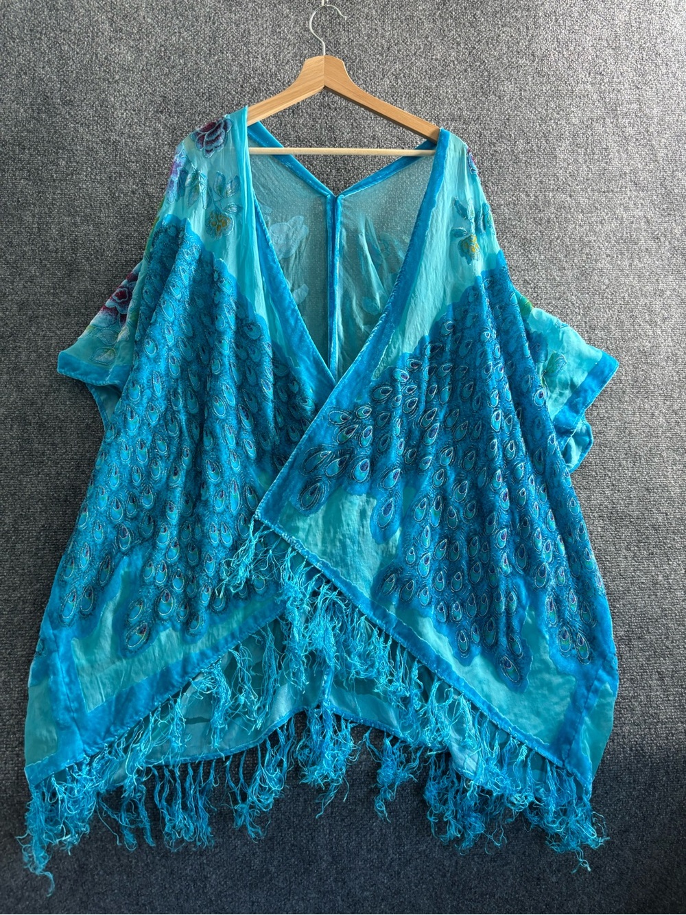 Turquoise Peacock-Print Fringe Poncho Shrug